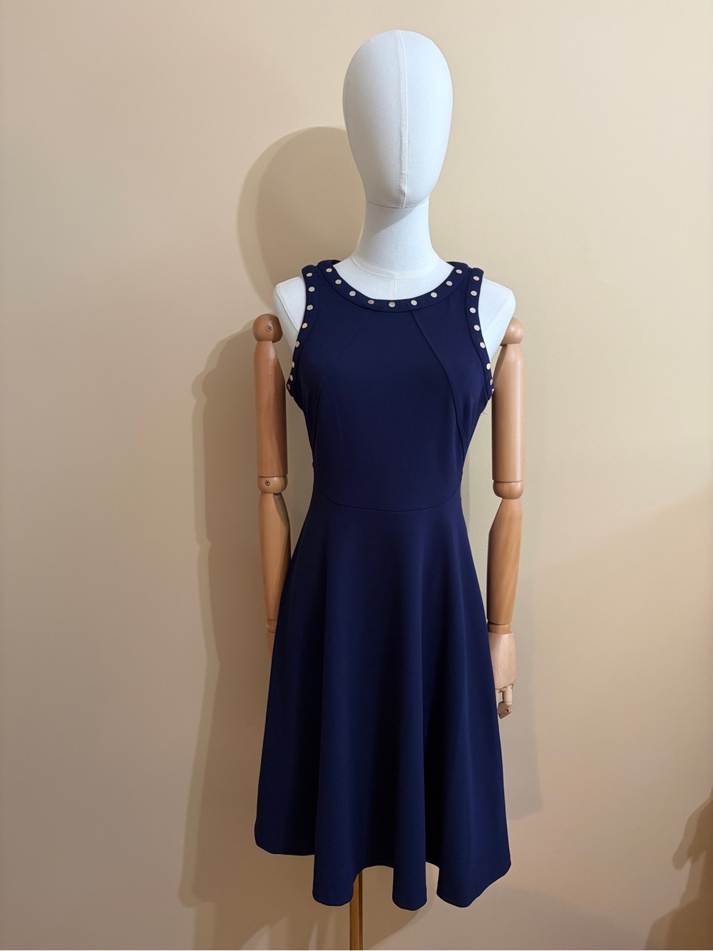 Adrienne Vittadini Studio Navy Blue Studded Fit & Flare Dress, Size 4